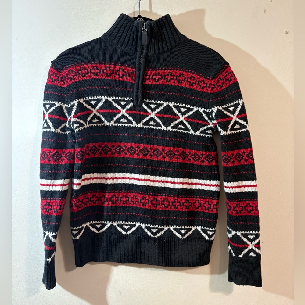 Chaps Boys Medium (10/12) quarter-zip sweater black red white mock neck cotton‎